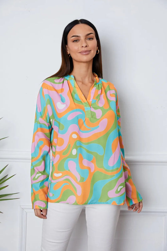 Trendsi Printed Notched Long Sleeve Blouse Multicolor