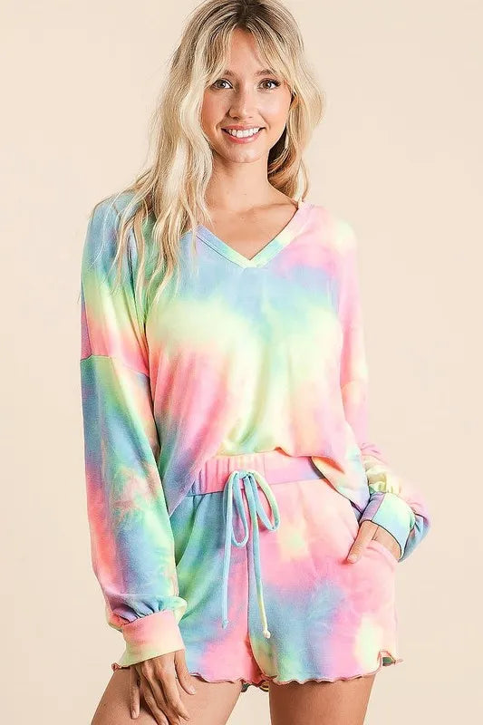 BiBi Tie Dye French Terry Top and Shorts Set PASTEL TIEDYE Easy Apparels