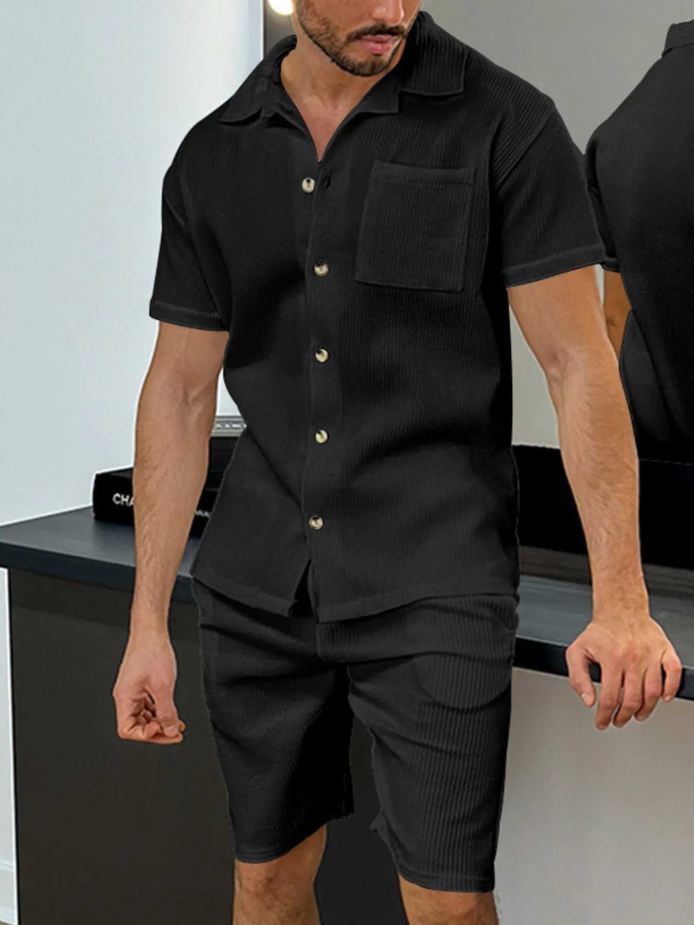 Men's Full Size Button Up Top and Shorts Set Plus Size Black Easy Apparels
