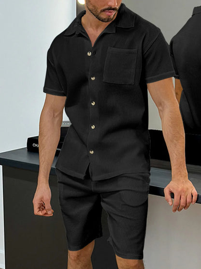 Men's Full Size Button Up Top and Shorts Set Plus Size Black Easy Apparels