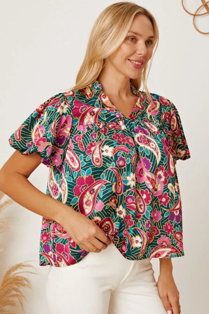 Trendsi Floral Collared Neck Short Sleeve Blouse