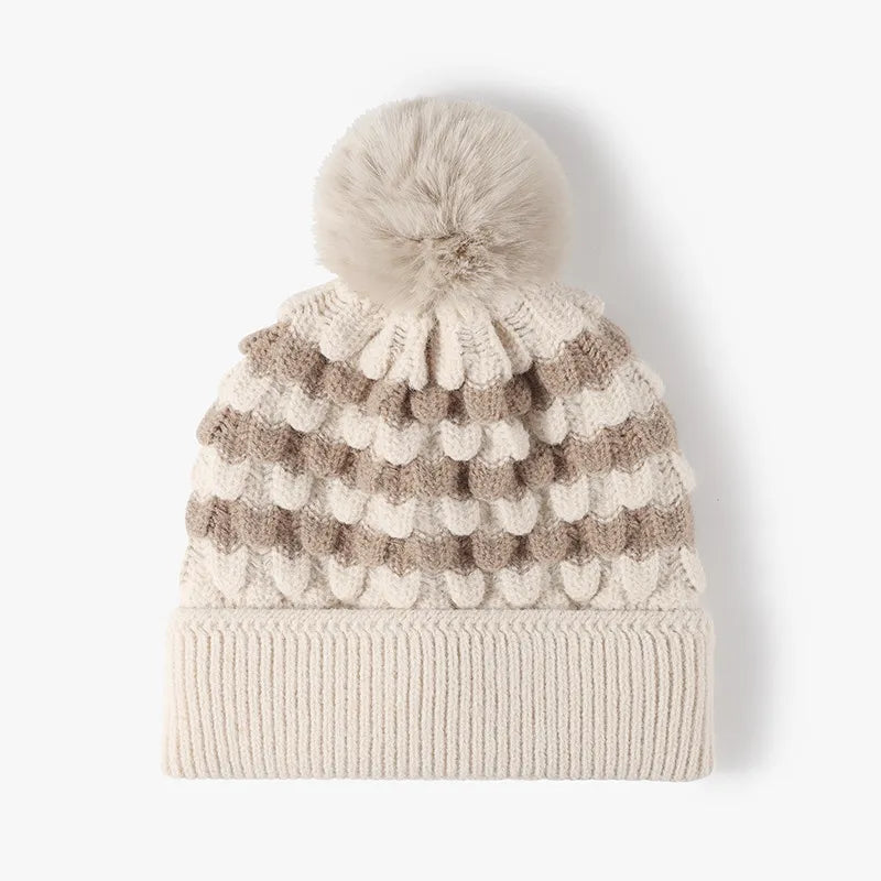 Striped Contrast Knit Hat with Pom-pom Beige One Size Easy Apparels