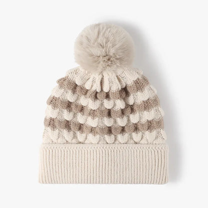 Striped Contrast Knit Hat with Pom-pom Beige One Size Easy Apparels