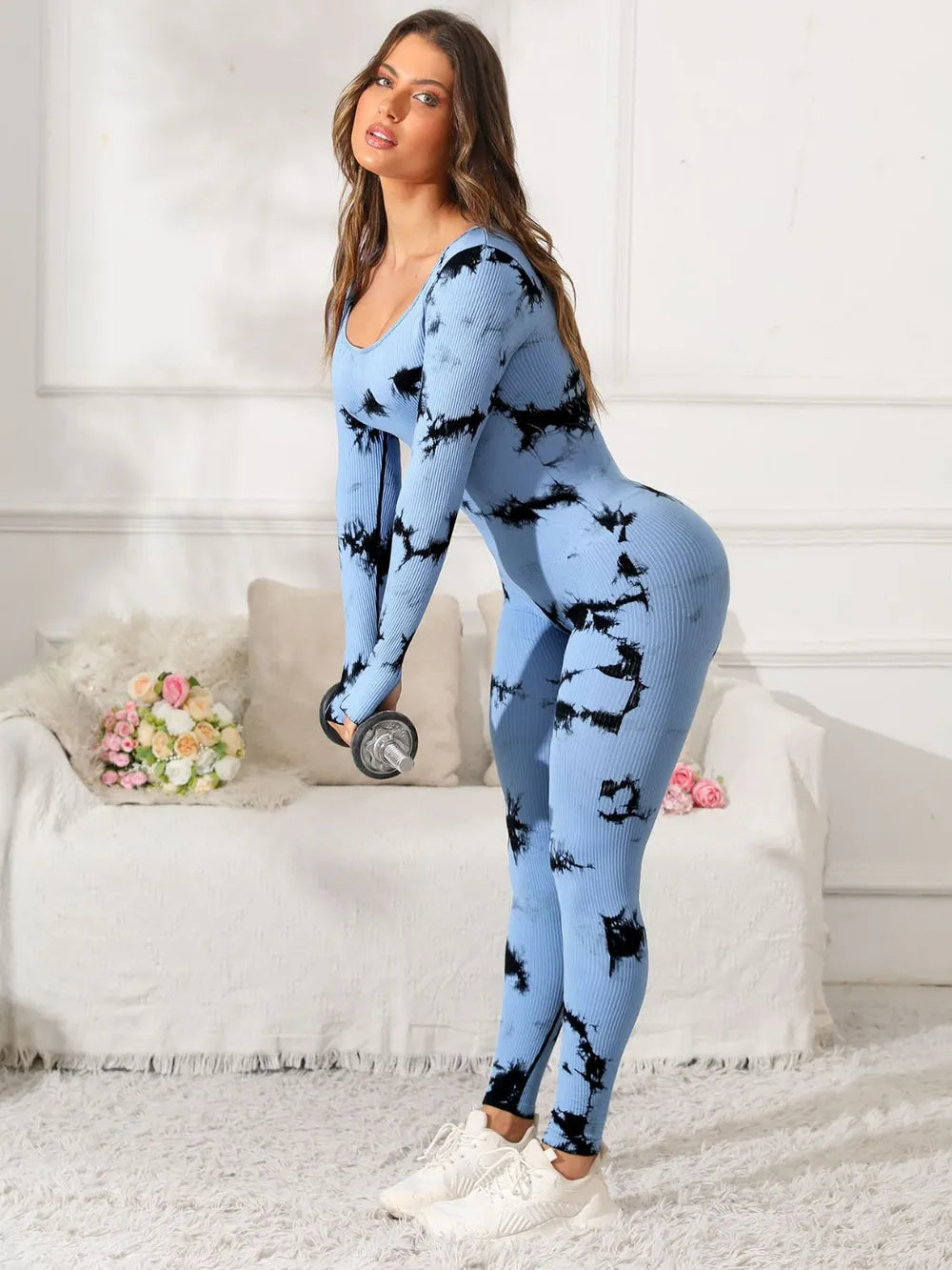 Scoop Neck Long Sleeve Active Jumpsuit Light Blue Easy Apparels