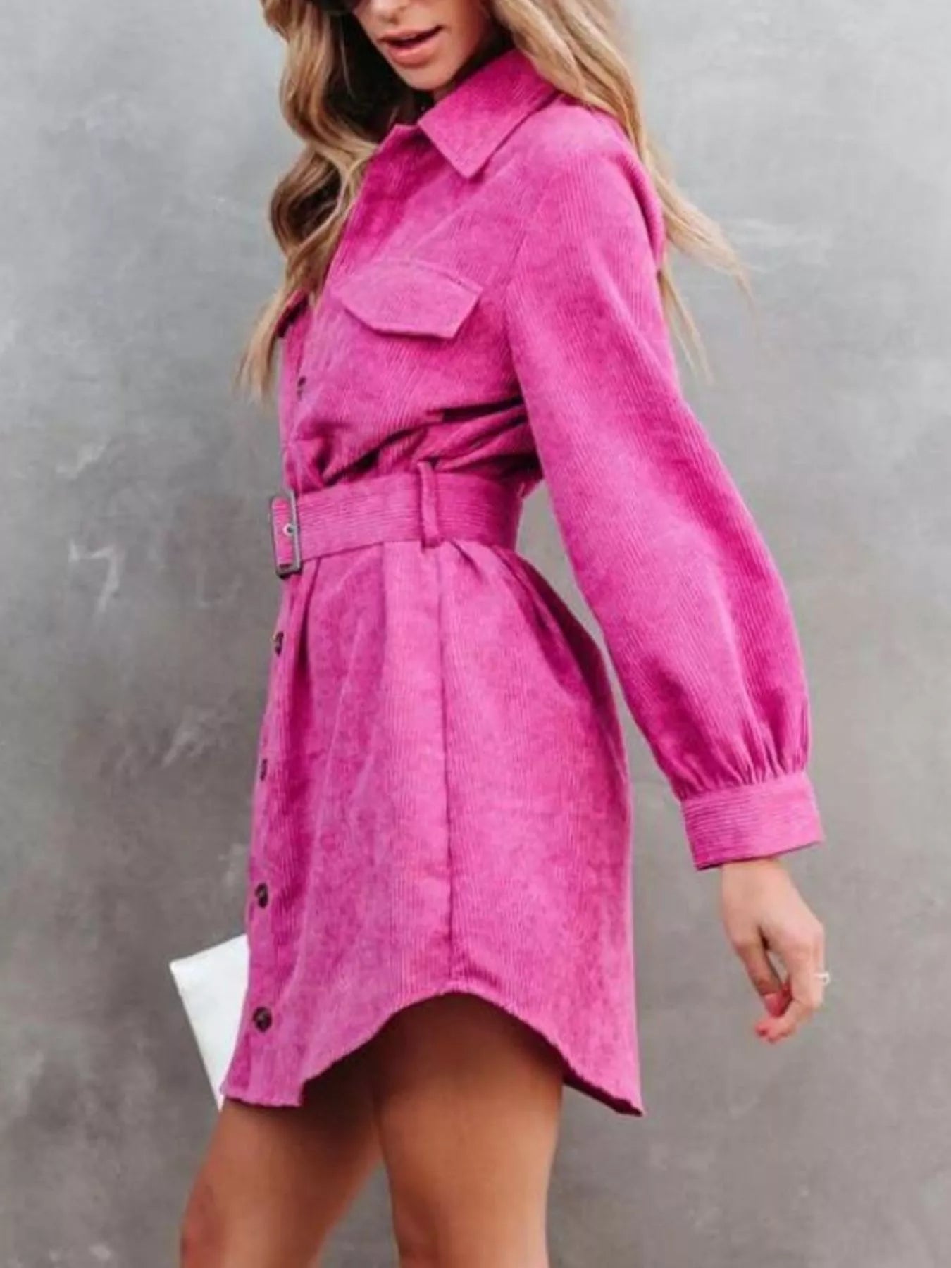 Button Front Belt Long Sleeve Corduroy Dress Easy Apparels