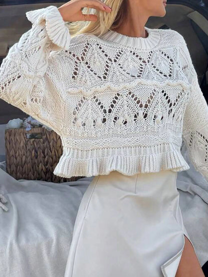 Trendsi Crochet Ruffled Hem Long Sleeve Sweater