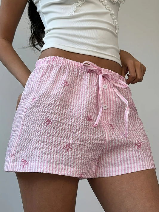 Bow Striped Drawstring Casual Shorts Pink Plaid Easy Apparels