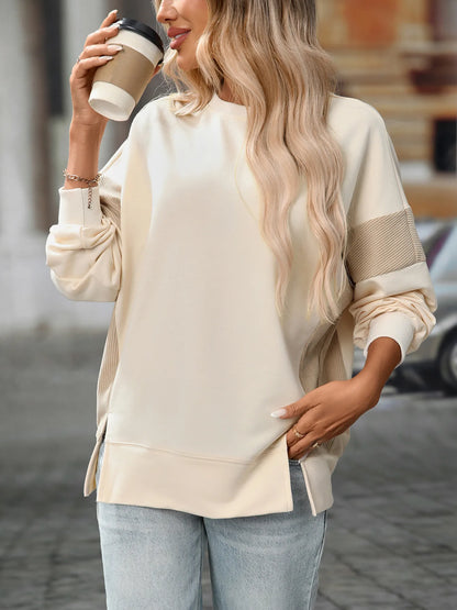 Trendsi Slit Round Neck Long Sleeve Sweatshirt