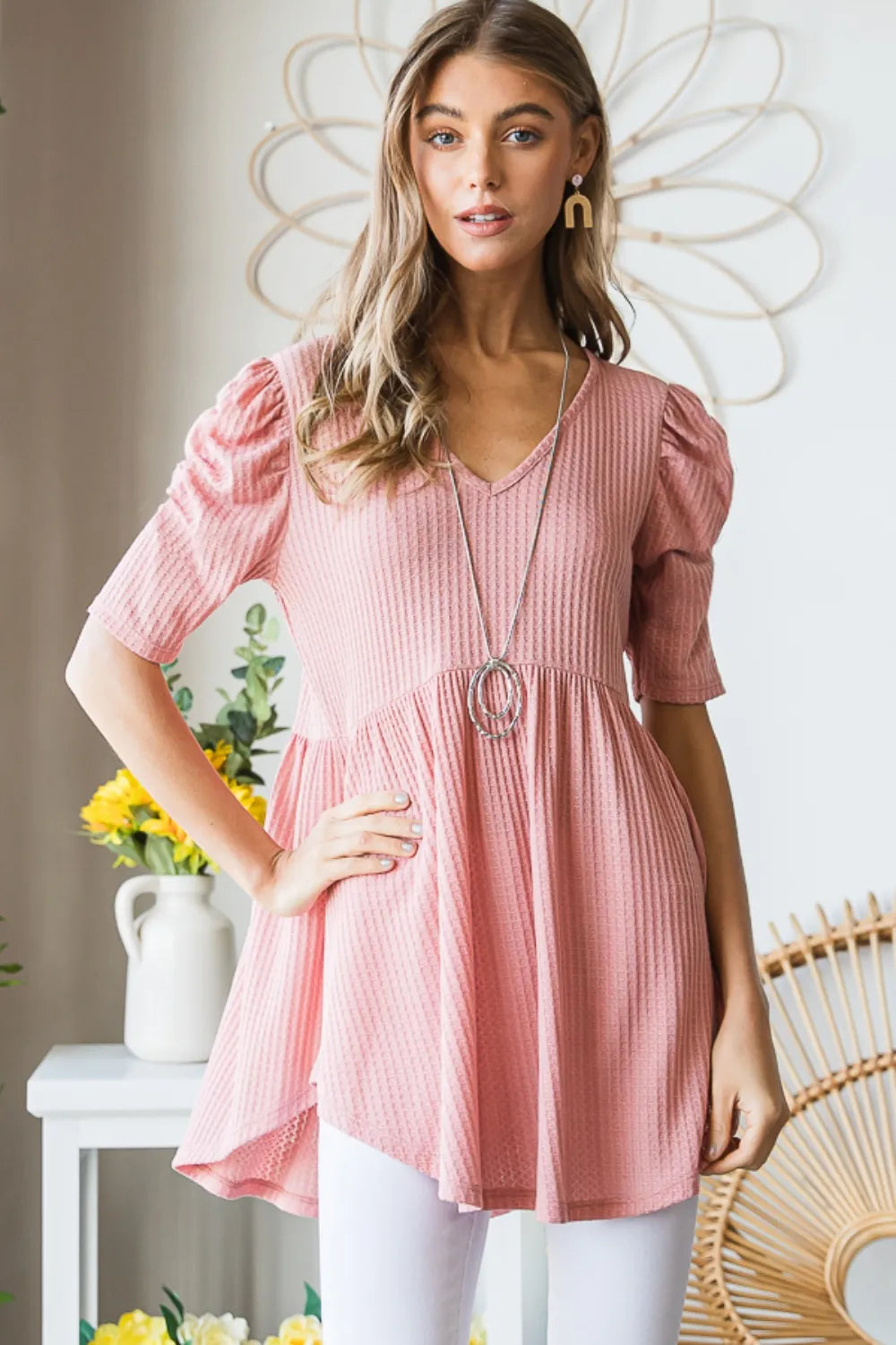 Trendsi Heimish Full Size Waffle Knit V-Neck Babydoll Top