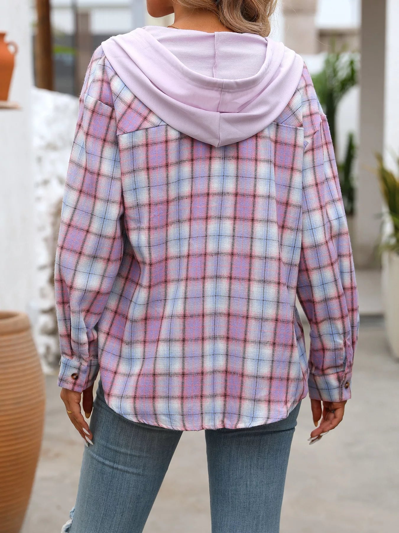 Trendsi Plaid Button-Up Hooded Shirt