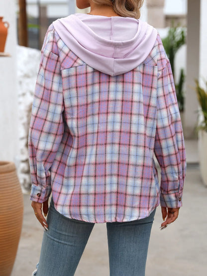 Trendsi Plaid Button-Up Hooded Shirt