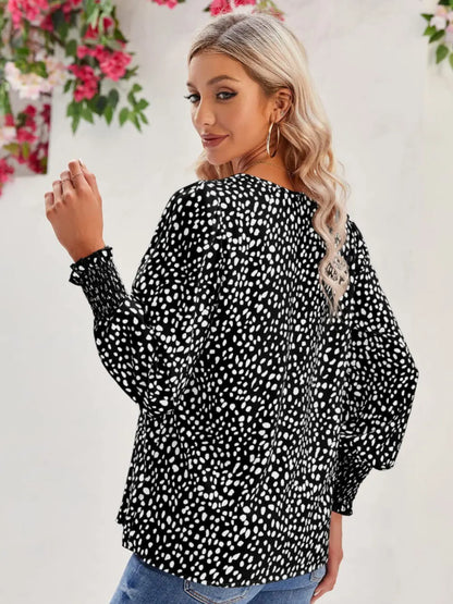Trendsi Printed V-Neck Lantern Sleeve Blouse