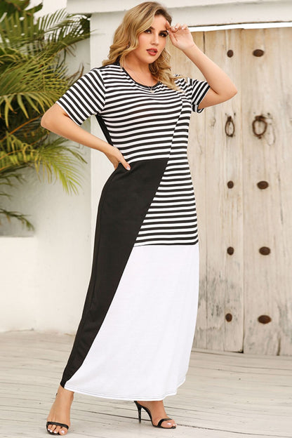 Plus Size Striped Color Block Round Neck Dress Easy Apparels