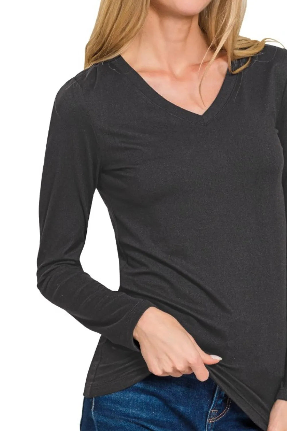 Trendsi Zenana Brushed Microfiber Long Sleeve V-neck Tee