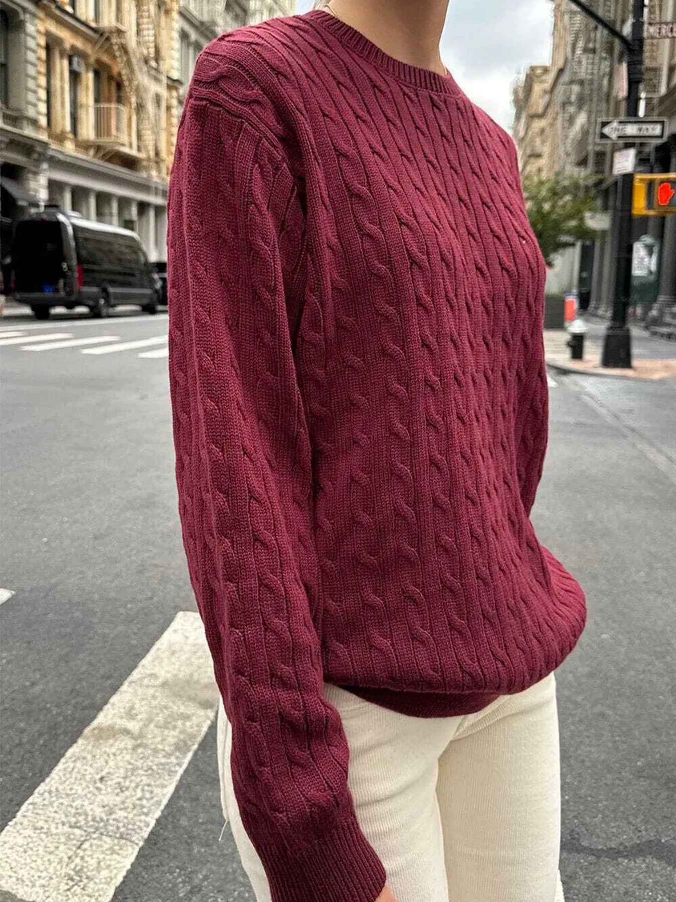 Trendsi Cable-Knit Round Neck Pullover Sweater