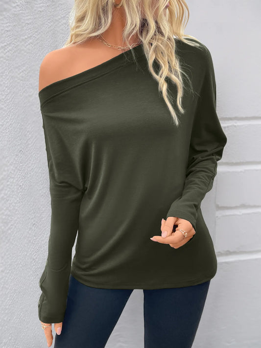 Trendsi Single Shoulder Long Sleeve T-Shirt Dark Green