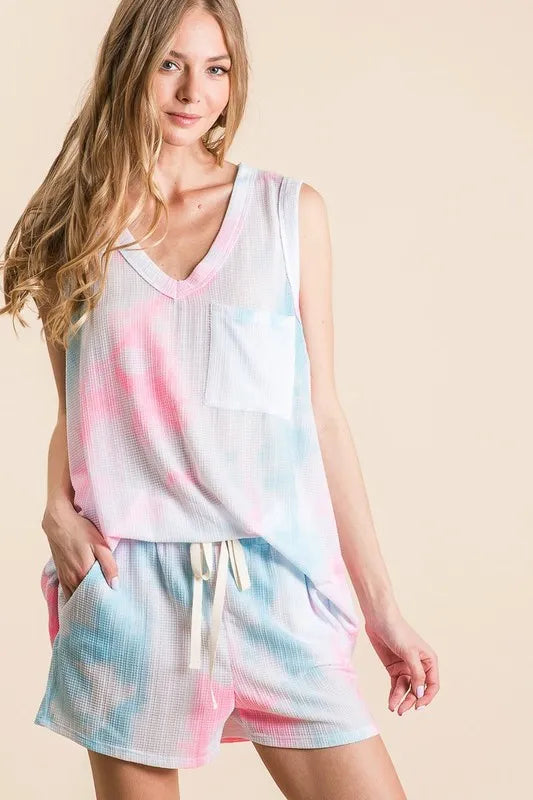 BiBi Tie Dye Textured Knit Top and Shorts Set Easy Apparels