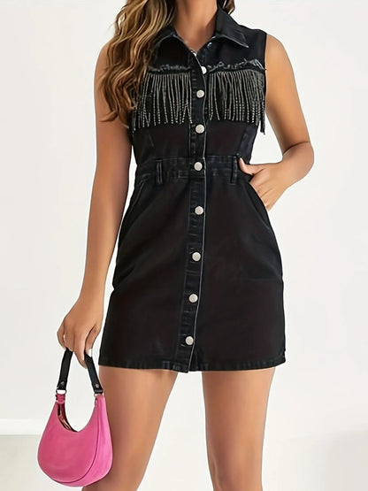 Fringe Detail Button-Front Mini Dress Easy Apparels
