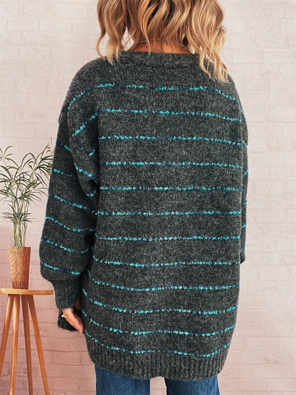 Striped Button-Up Cardigan with V-Neck Design Easy Apparels