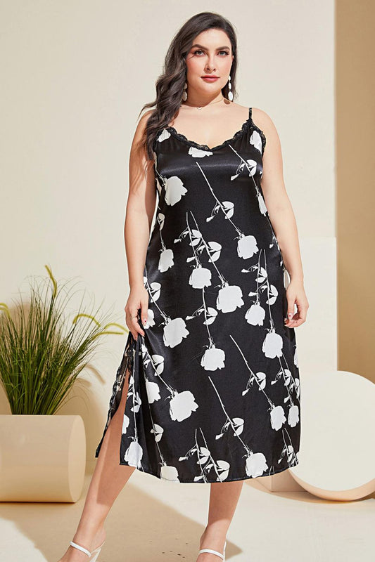 Plus Size Floral Lace Trim Side Slit Night Dress Black Easy Apparels
