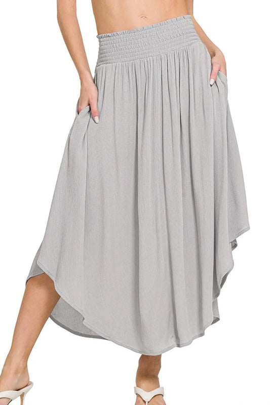 Zenana Woven Crinkle Smocked Waist Maxi Skirt W Pockets LT GREY Easy Apparels