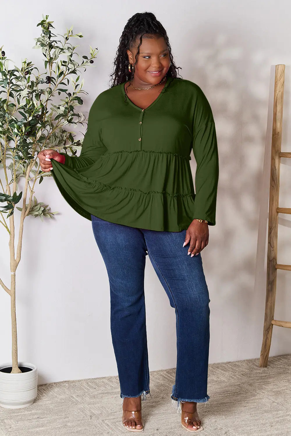 Trendsi Double Take Half Button Long Sleeve Ruffle Hem Blouse