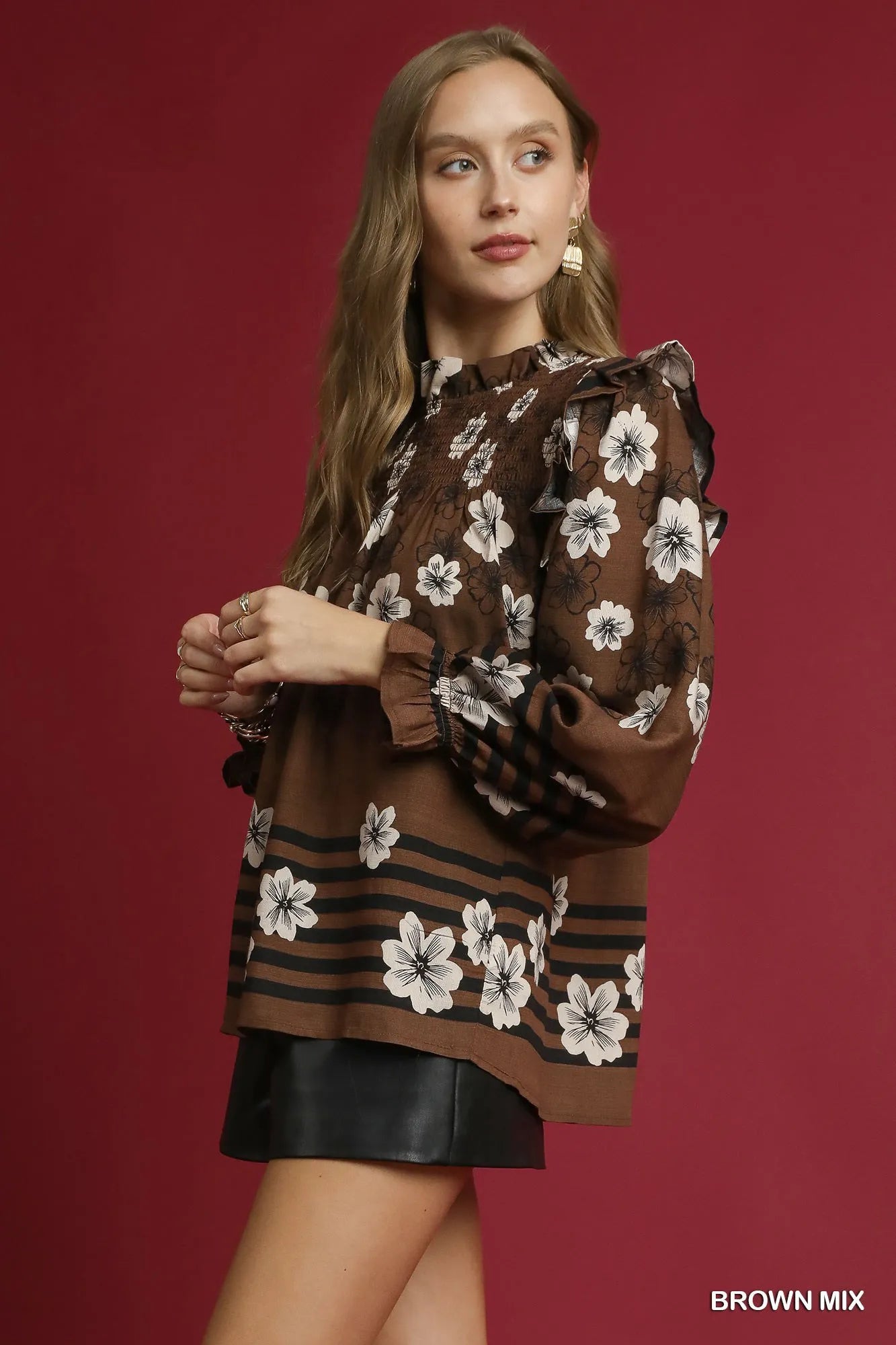 Trendsi Umgee Full Size Mix Floral Smocked Ruffle Blouse Plus Size