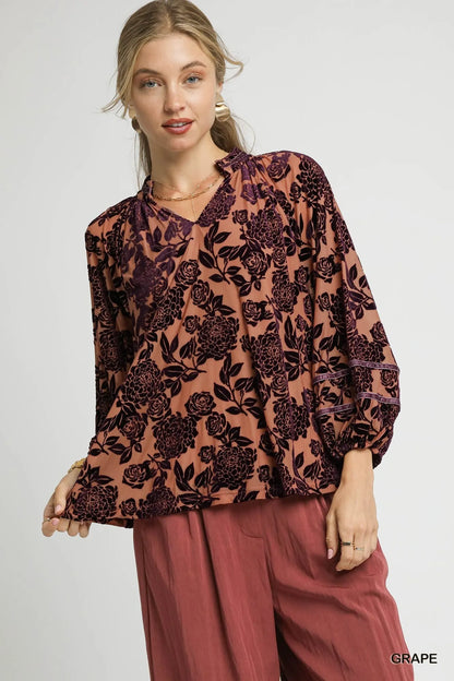 Trendsi Umgee Floral Velvet Blouse with Balloon Sleeves GRAPE