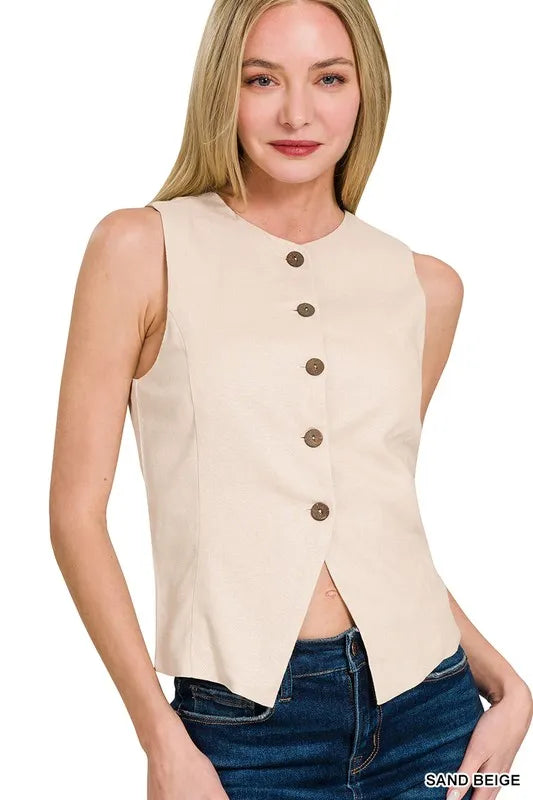 Zenana Linen Button Down Vest SAND BEIGE Easy Apparels