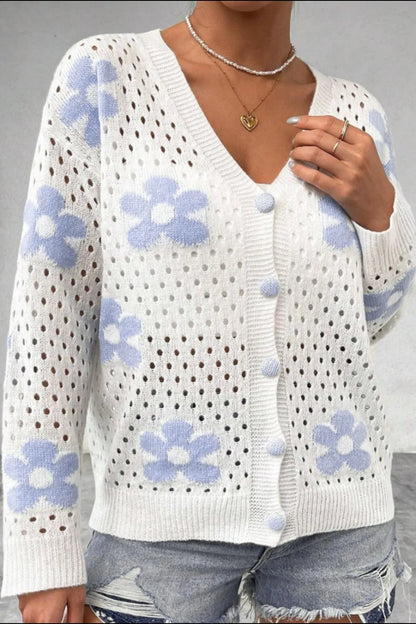 Flower Hollowed Out Button Down Long Sleeve Cardigan Easy Apparels