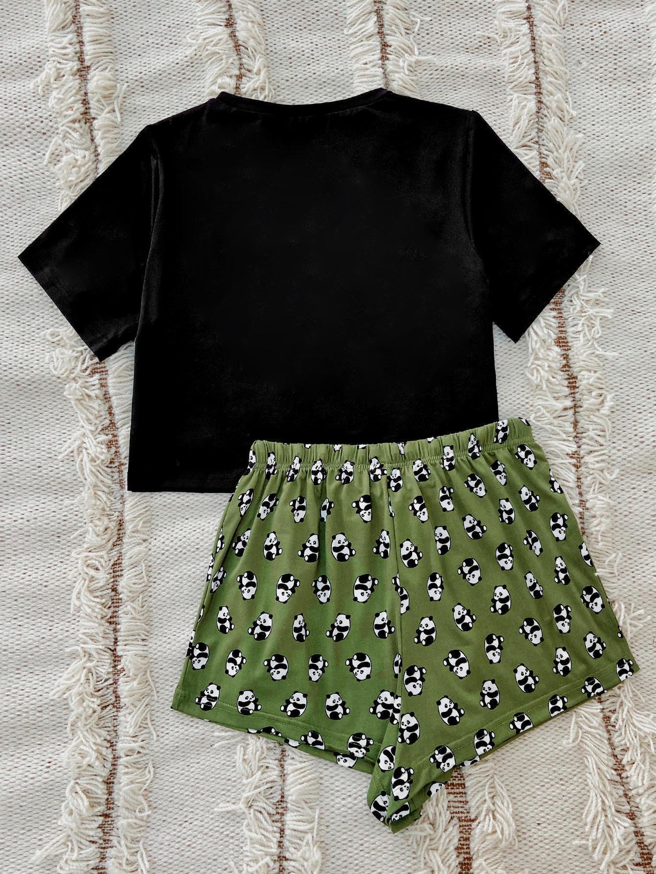Graphic Tee and Panda Print Shorts Lounge Set Easy Apparels
