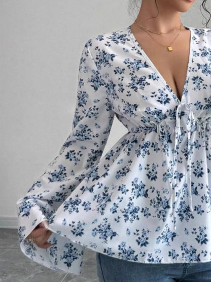 Trendsi Floral Print V-Neck Long Sleeve Blouse