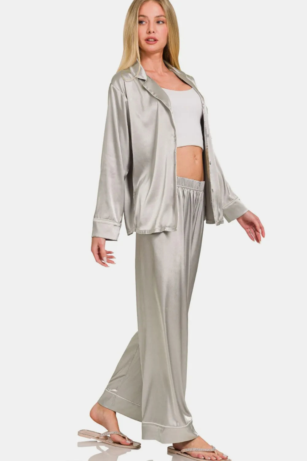 Zenana Satin Long Sleeve Shirt and Pants Pajama Set Easy Apparels