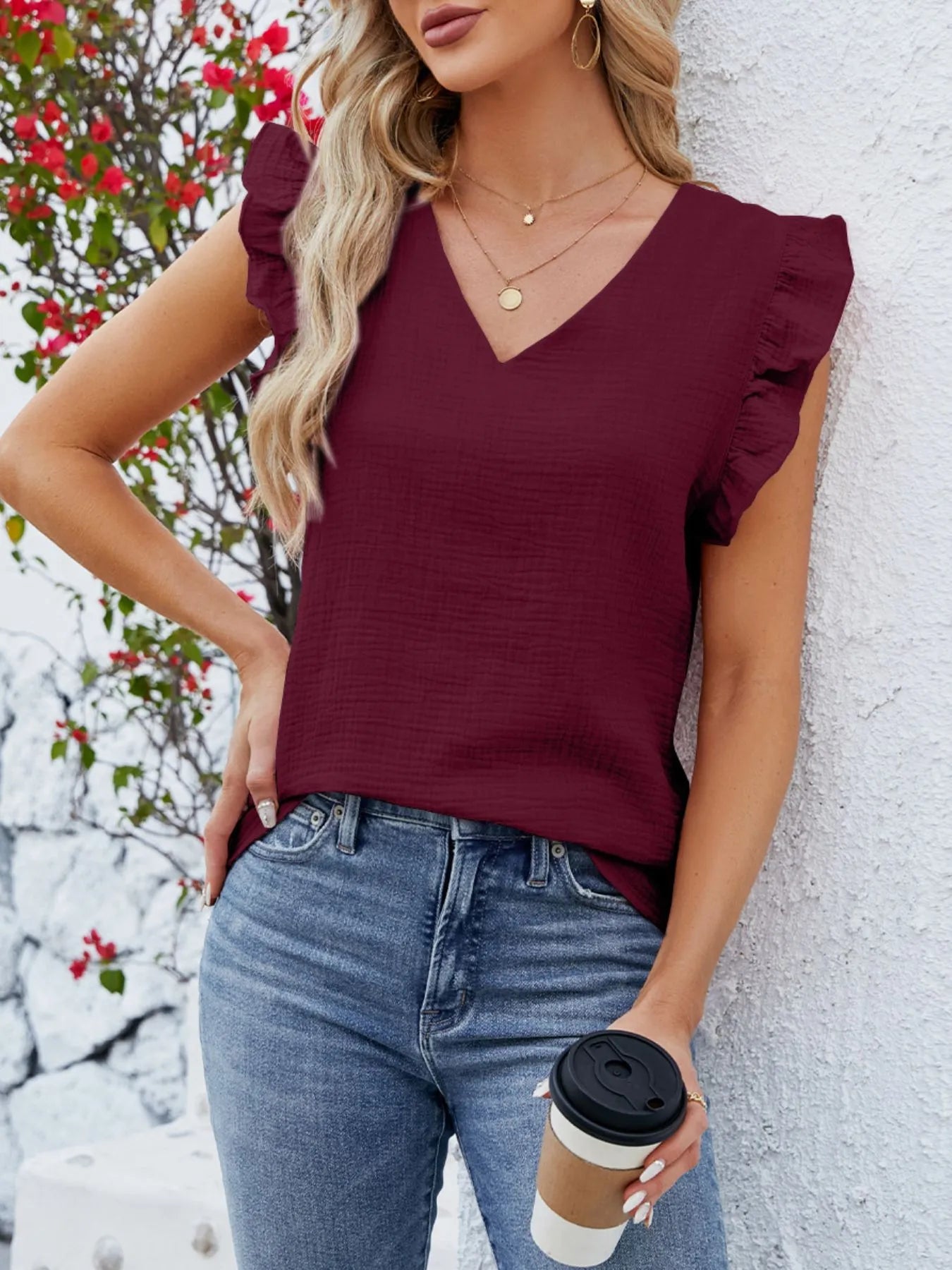 Trendsi V-Neck Ruffled Sleeve Top
