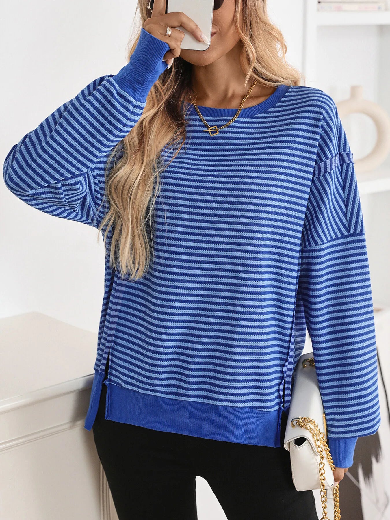 Trendsi Exposed Seam Striped Contrast Sweatshirt