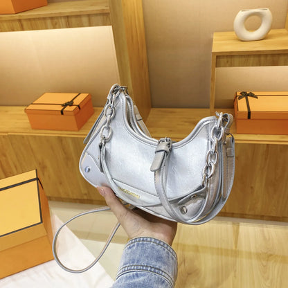 Chain Detail Leather Shoulder Bag Silver onesize Easy Apparels