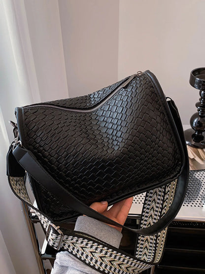 Textured Leather Shoulder Bag Black One Size Easy Apparels
