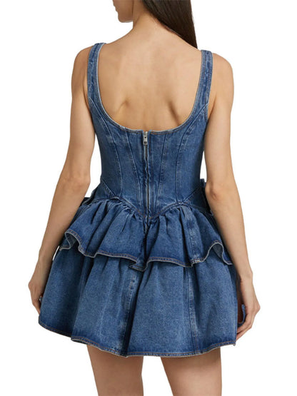 Ruffled Layered Scoop Neck Denim Dress Easy Apparels