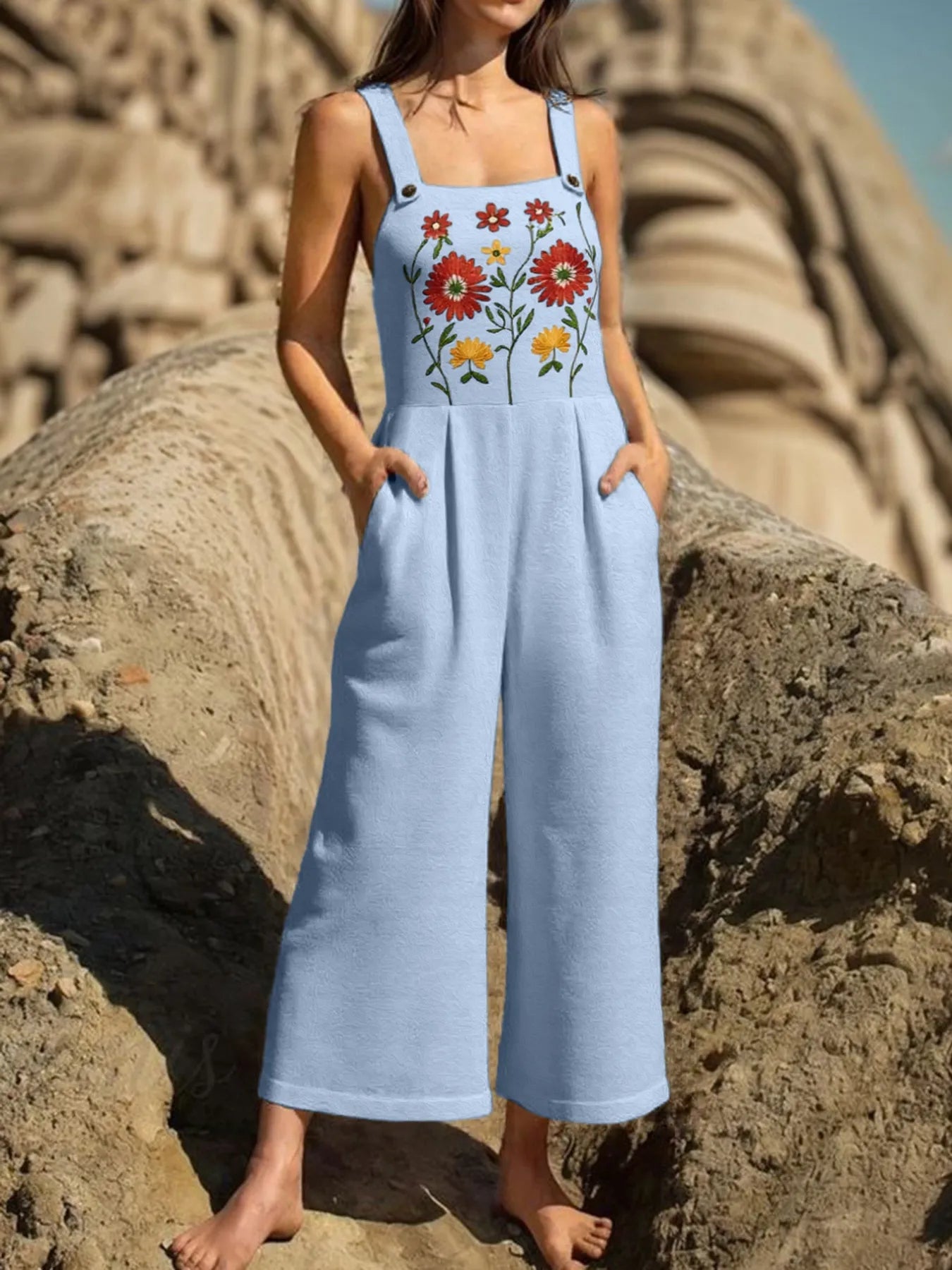 Floral Embroidered Wide Leg Jumpsuit Light Blue Easy Apparels