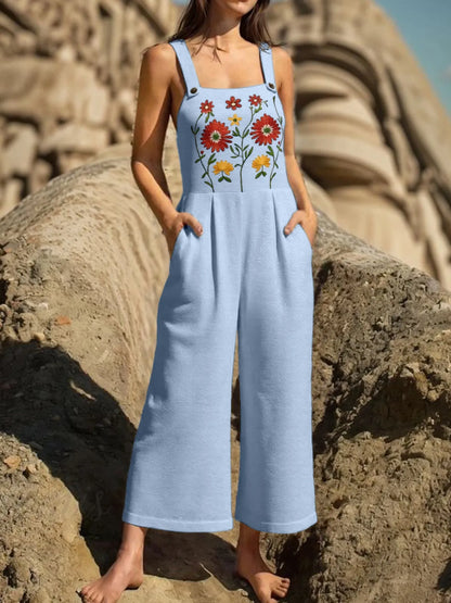 Floral Embroidered Wide Leg Jumpsuit Light Blue Easy Apparels