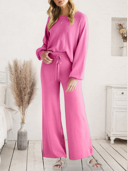 Long Sleeve Lounge Top and Drawstring Pants Set Pink Easy Apparels
