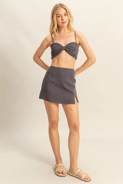 HYFVE Ruched Bra Top and Mini Skirt Set CHARCOAL Easy Apparels