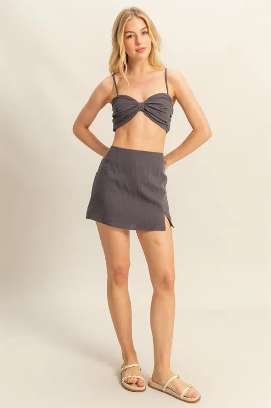 HYFVE Ruched Bra Top and Mini Skirt Set CHARCOAL Easy Apparels
