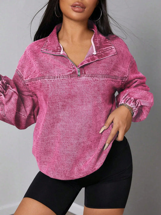 Zip Collar Long Sleeve Denim Top Hot Pink Easy Apparels