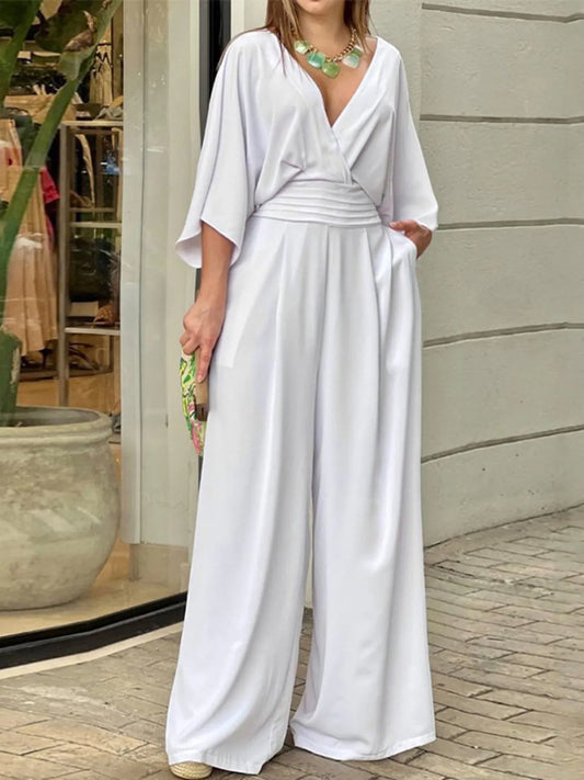 Full Size Wide-Leg Wrap Jumpsuit with Kimono Sleeves Plus Size White Easy Apparels