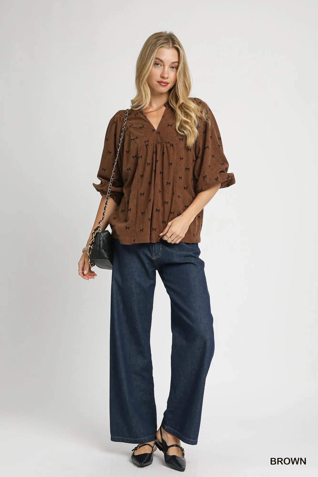 Trendsi Umgee Corduroy Bow Print Balloon Sleeve Blouse