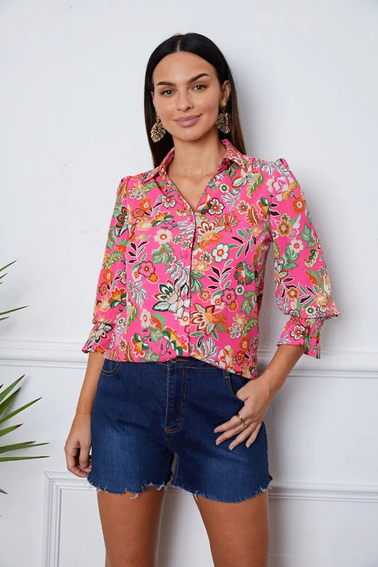 Trendsi Floral Button Up Flounce Sleeve Shirt Deep Red