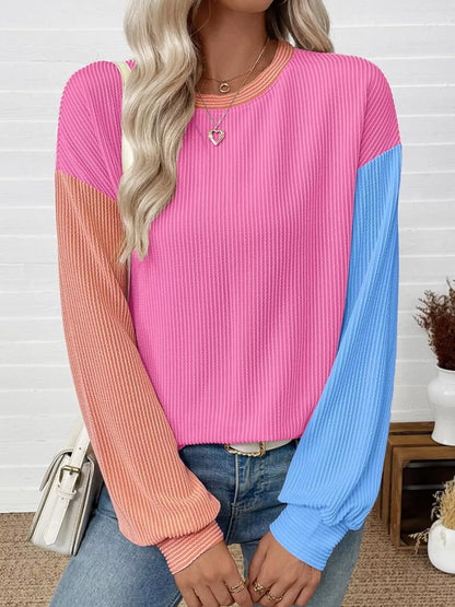 Trendsi Color Block Ribbed Long Sleeve T-Shirt Hot pink Blue