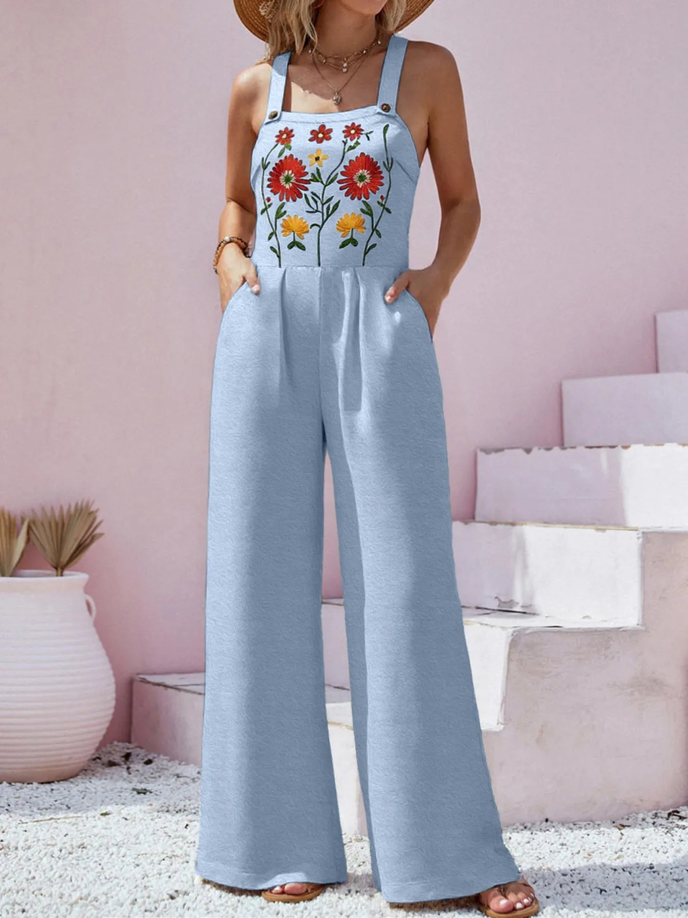 Floral Embroidered Wide Leg Jumpsuit Easy Apparels