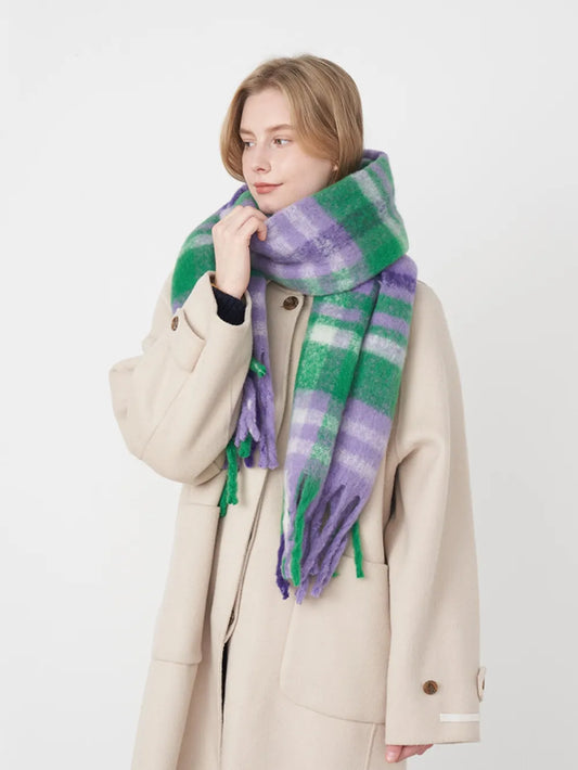 Fringe Plaid Polyester Scarf Purple White Green plaid One Size Easy Apparels